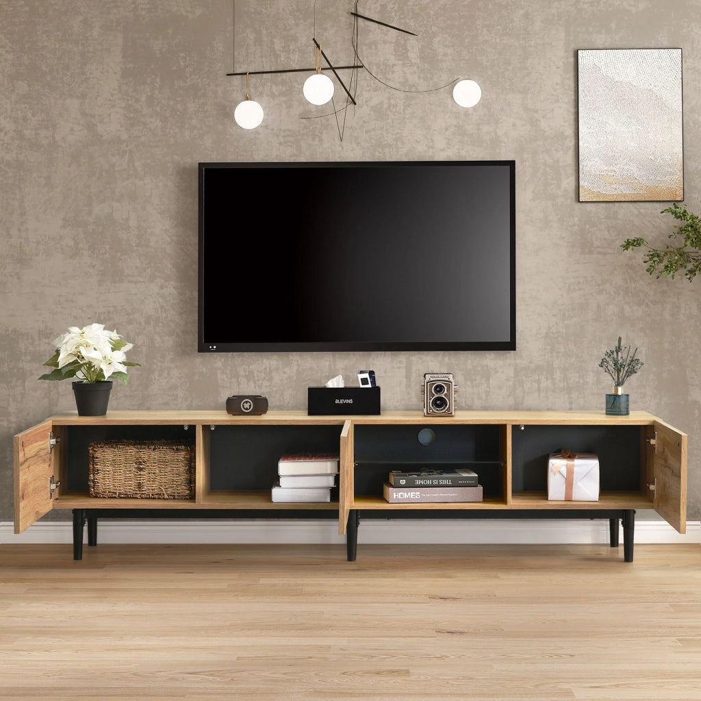 Mobile TV 175x31x41 cm; LED regolabile via app e tre ante; MDF; colore naturale