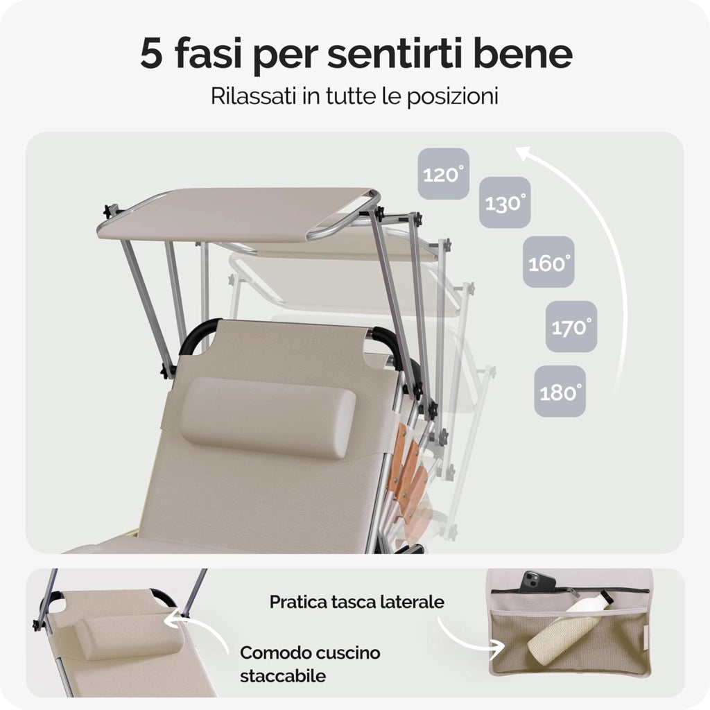 ® Lettino Prendisole Pieghevole Malta 210x61cm con Tettuccio Carico Max. 180kg Sdraio da Giardino Mobili Esterno