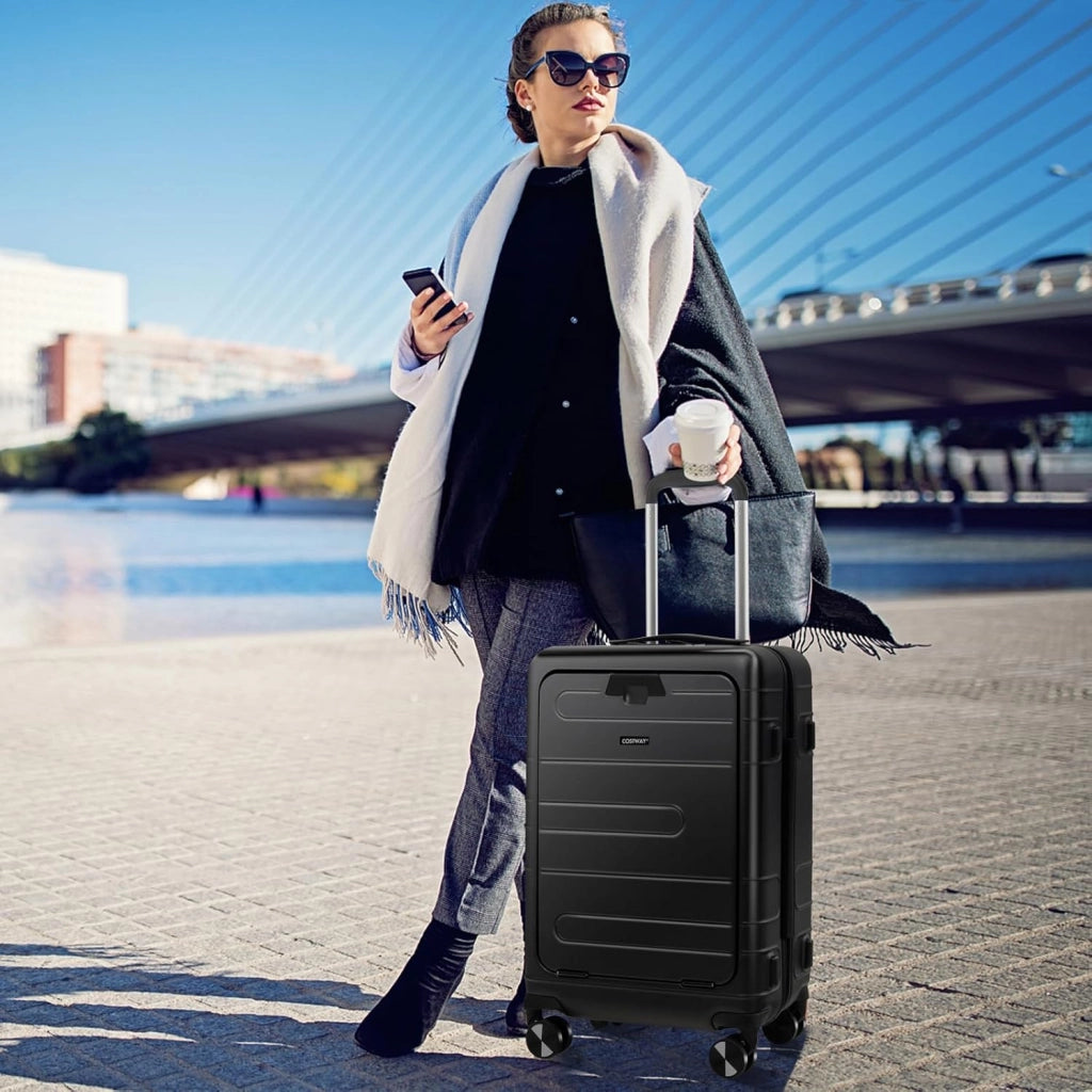 Valigia Bagaglio da 20" con Tasca Frontale, Porta USB, Tavolino Pieghevole, Valigia con Serratura, Ruote Girevoli, Manico Regolabile, Trolley Valigia Rigida Bagaglio da Viaggio (Nero)