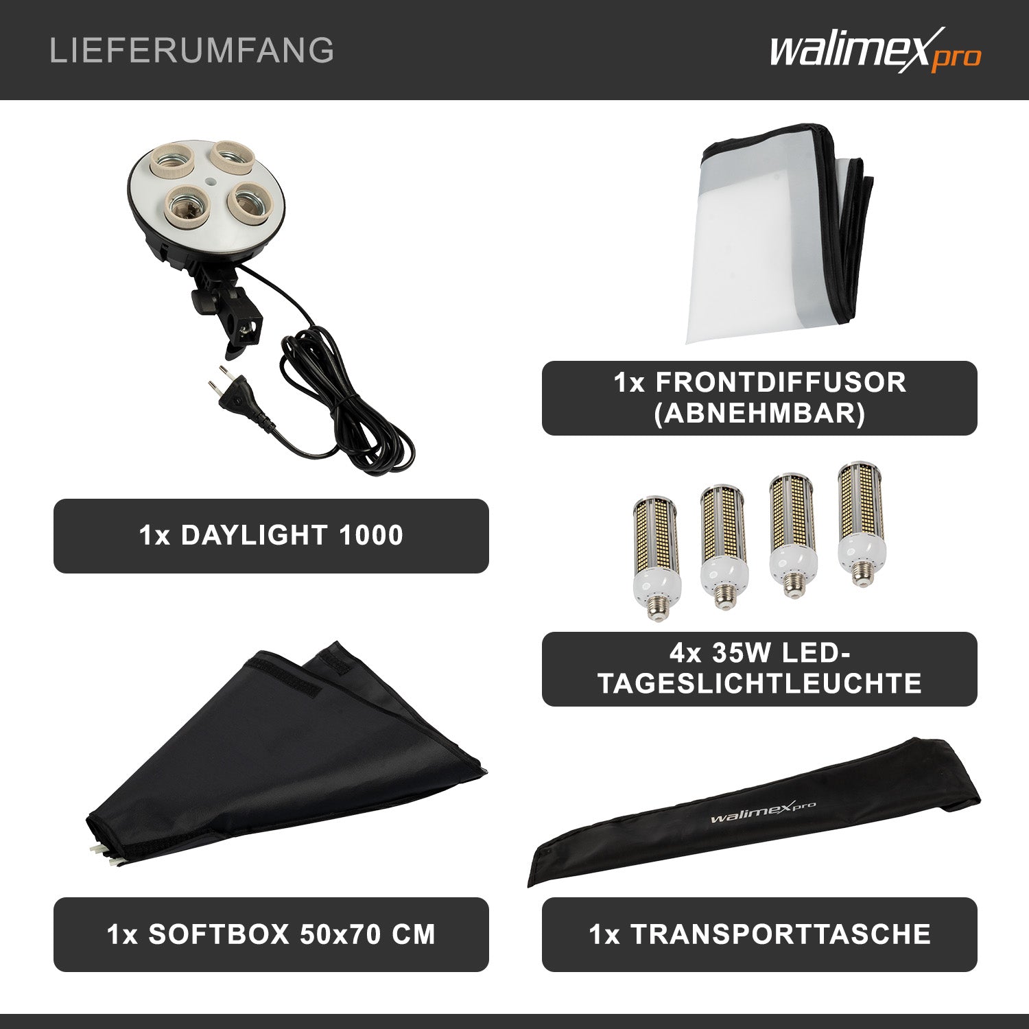 Set Softbox 50x70cm con 4 LED 35W, inclinazione di 135°, con diffusore, per illuminazione studio fotografico