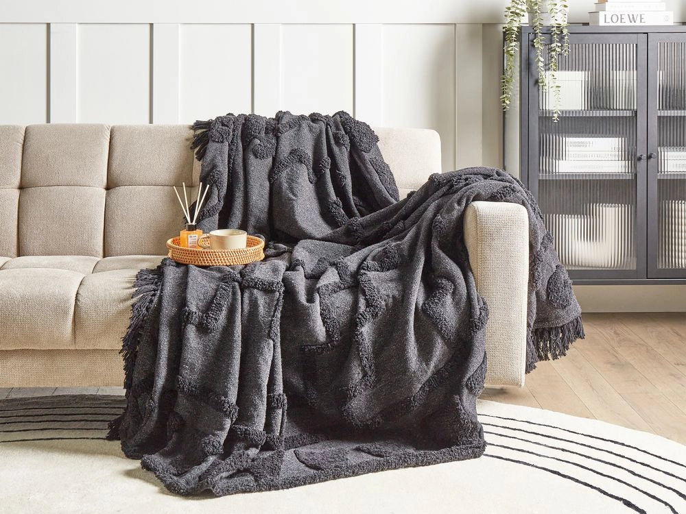 Coperta Grigio Cotone 220 x 240 cm Grande Coperta Letto Lancio Ciuffo Stile Boho