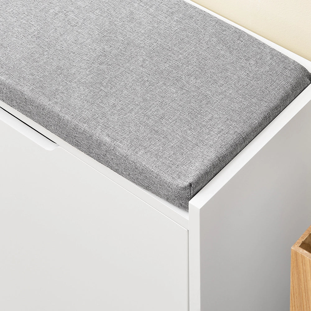 SoBuy Scarpiera Panca Ingresso Salvaspazio Panca Contenitore con Cuscino Imbottito e Struttura in MDF e Ferro, Carico Fino a 250kg, Design Nordic, Bianco e Grigio, 105x24x52 cm, FSR151-L-W