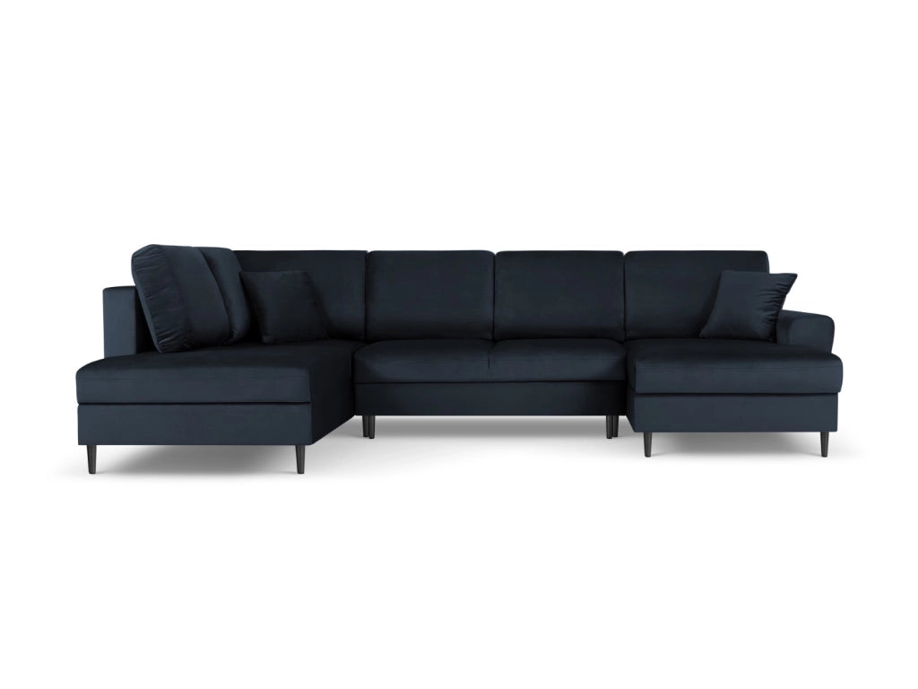 Cosmopolitan Design - Divano panoramico convertibile sinistro con contenitore "Kyoto" 7 posti in velluto blu scuro 