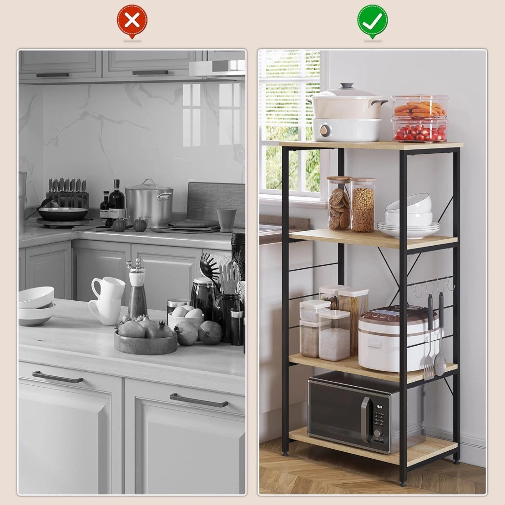 Scaffale per Cucina Carrello Porta Microonde Forno a 4 Ripiani con Ganci in Acciaio Legno