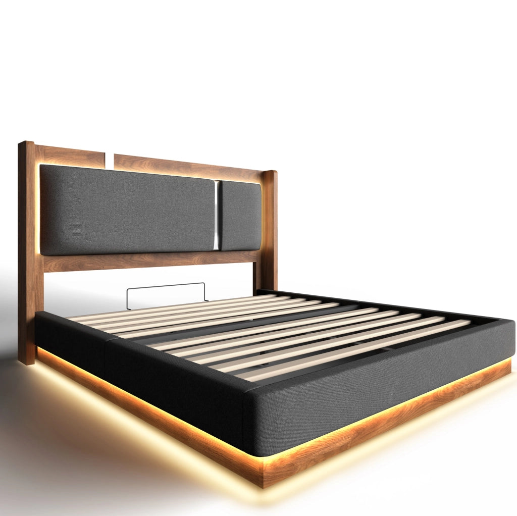 Letto matrimoniale 140x200 cm con LED e contenitore; stile retro; in lino e legno; grigio
