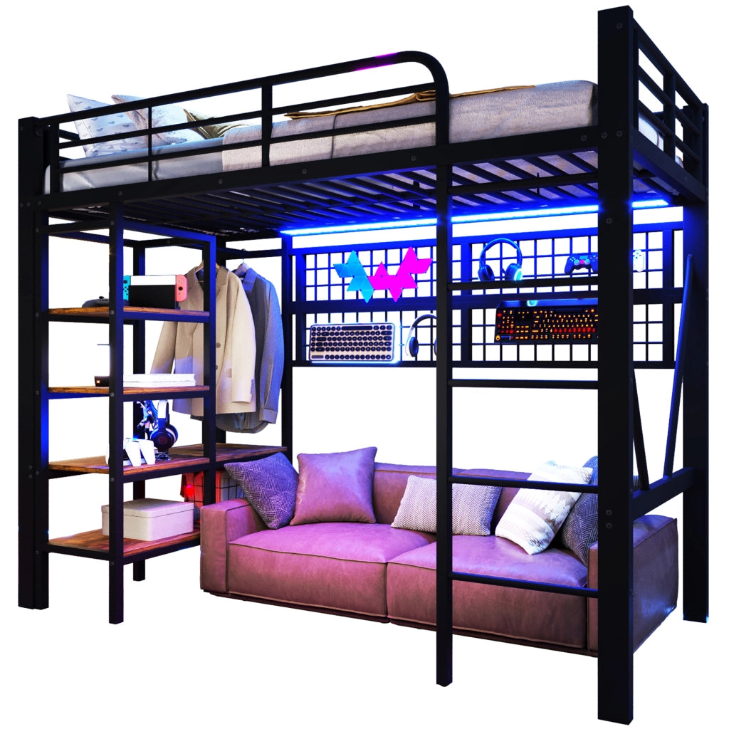 Letto a soppalco in metallo con rete appendi, LED e scala, 90x200 cm, nero