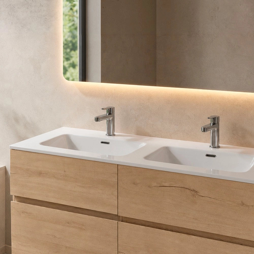 Lavabo consolle da appoggio LAV9140DS in ceramica 2 vasche 141x46 cm. bianco lucido