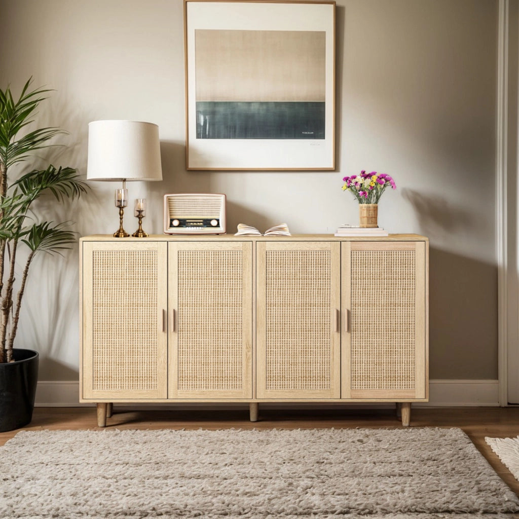 Armadio contenitore a 4 ante in rattan naturale 158 x 40 x 88 cm con ripiano regolabile