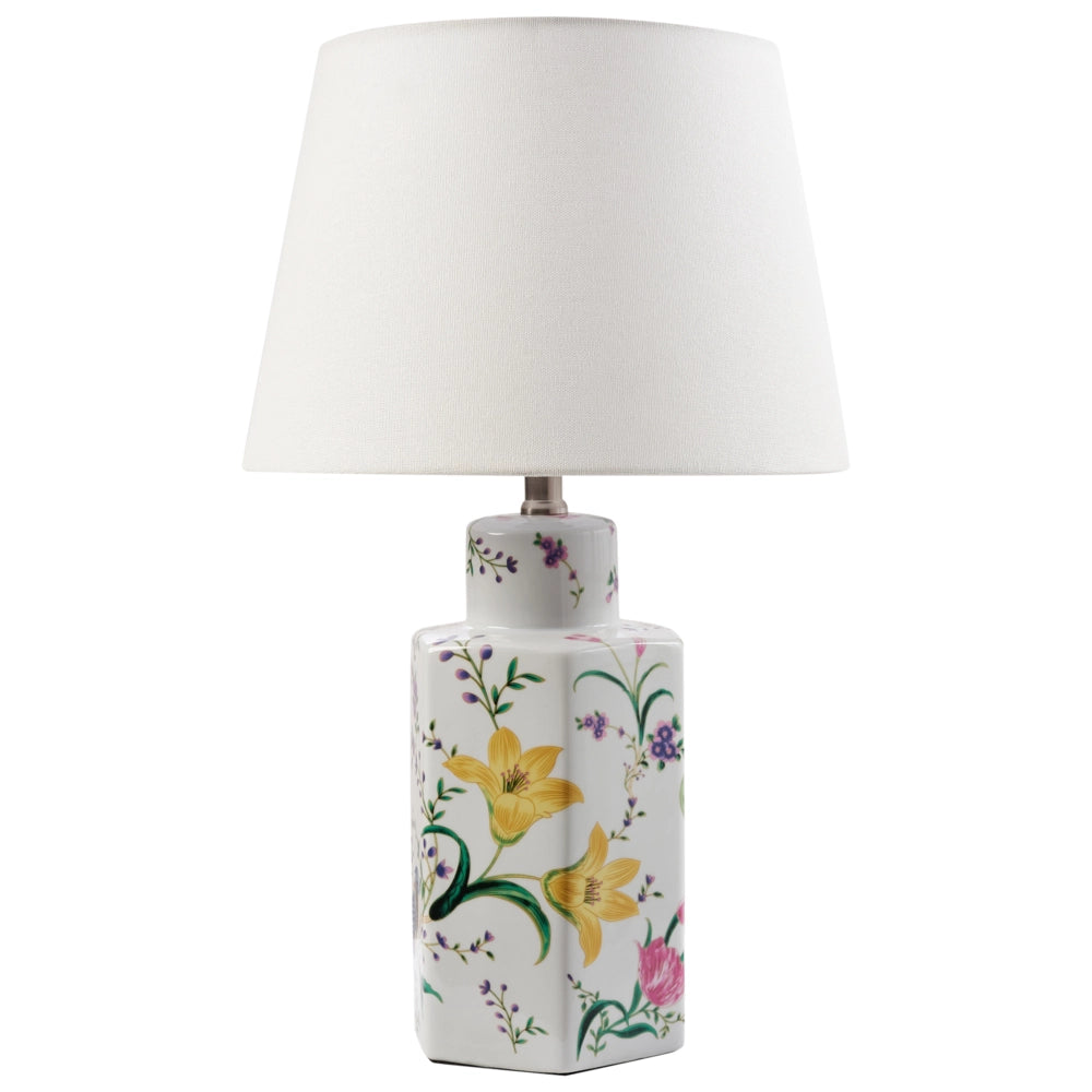 Lampada da tavolo Base in porcellana bianca Paralume a tamburo in lino con patten floreale Illuminazione elegante