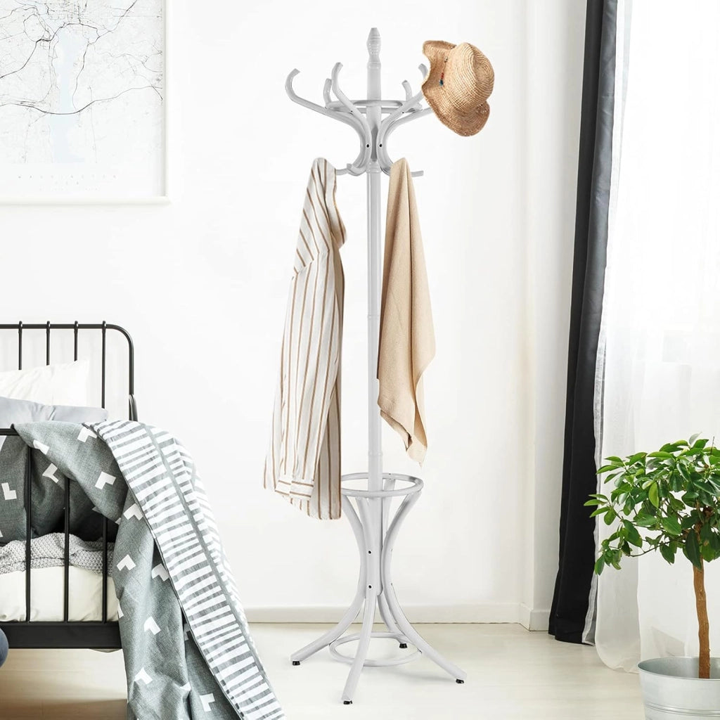 Appendiabiti da 184 cm, Scaffale per Abiti e Cappelli, Appendiabiti in Legno con 12 Ganci, Supporto per Ombrellone, Portabiti Autoportante, per Ingresso, Ufficio, Soggiorno (Grigio)