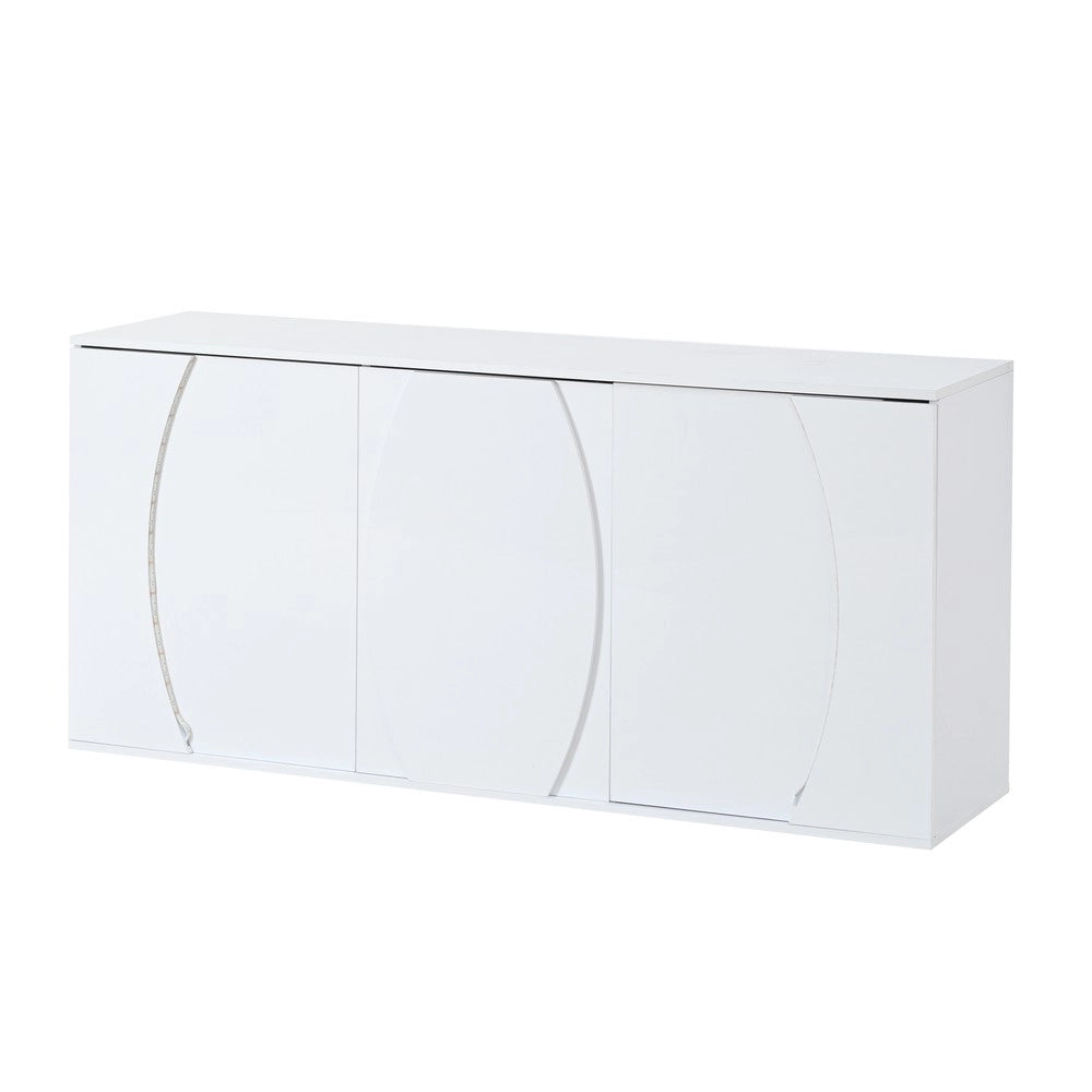 Credenza da Soggiorno con LED ¨C MINIMAL ¨C Bianco Lucido, Truciolato, 3 Ante, 150x40x70 cm