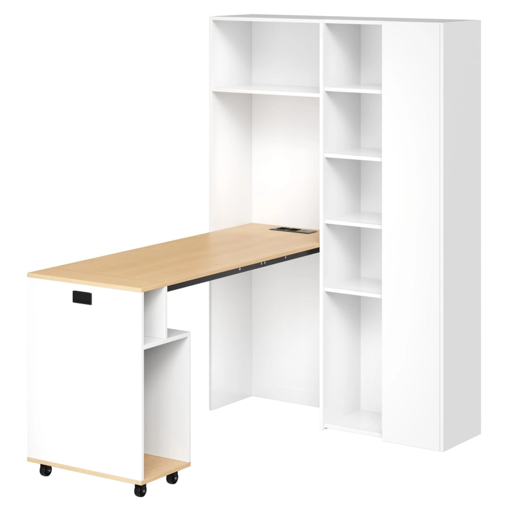 Scrivania pieghevole 2 in 1 con libreria; presa EU e USB; 104;5x30;5x160 cm; bianco rovere