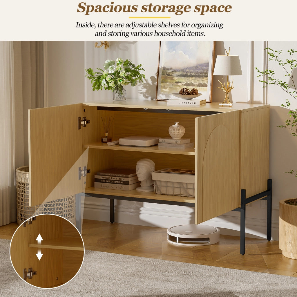 Credenza con 2 ante e gambe in metallo, design ad arco per soggiorno e sala da pranzo, naturale, 100 × 40 × 75 cm