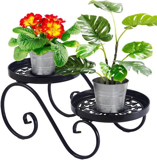 Standardaiole per fiori in acciaio inossidabile, 2 piani, per piante multiple, banco per fiori rotondo per interni ed esterni, sostegno per piante metallico per giardino
