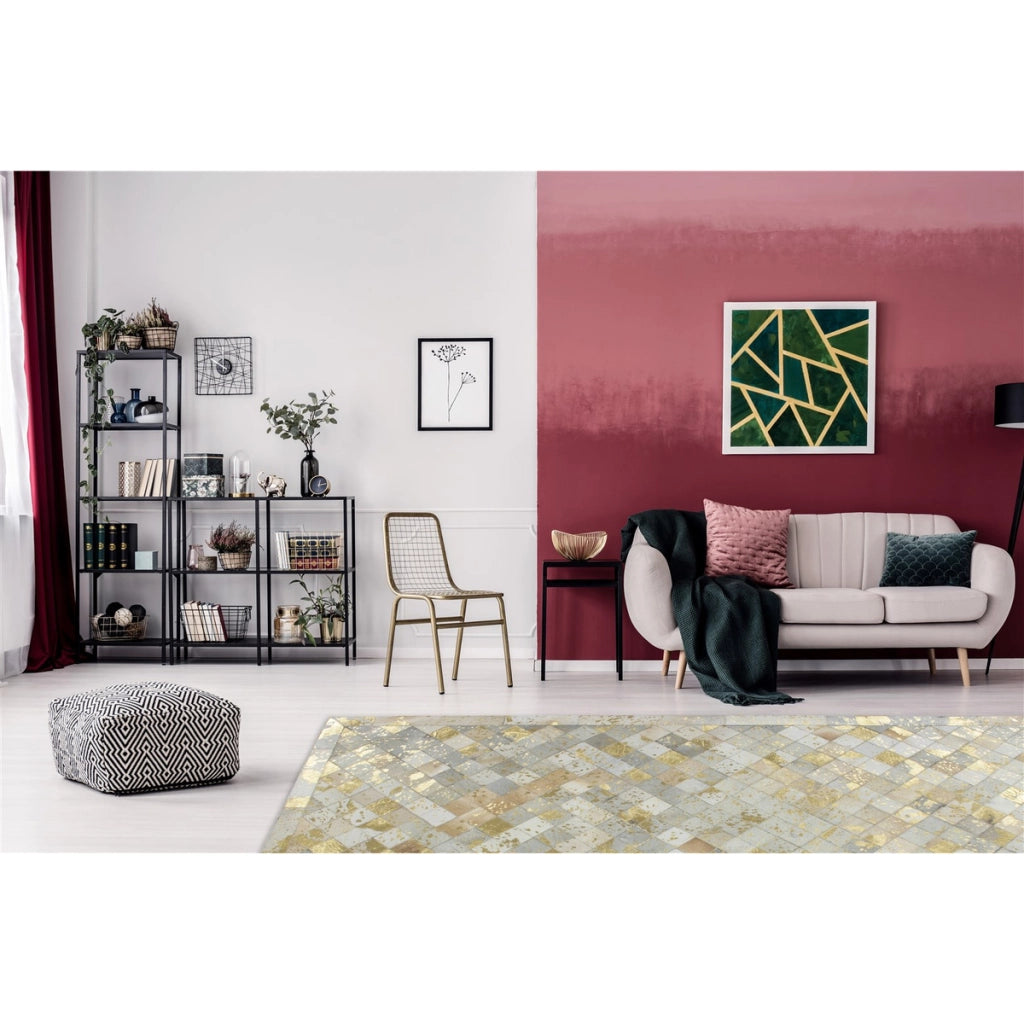 Tappeto patchwork Eclipse 200 in pelle avorio e oro