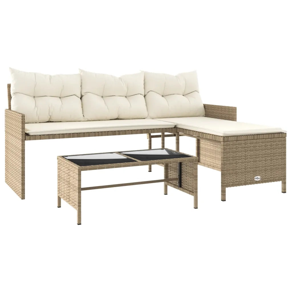 Divano da Giardino con Tavolo e Cuscini a L Beige in Polyrattan 365575
