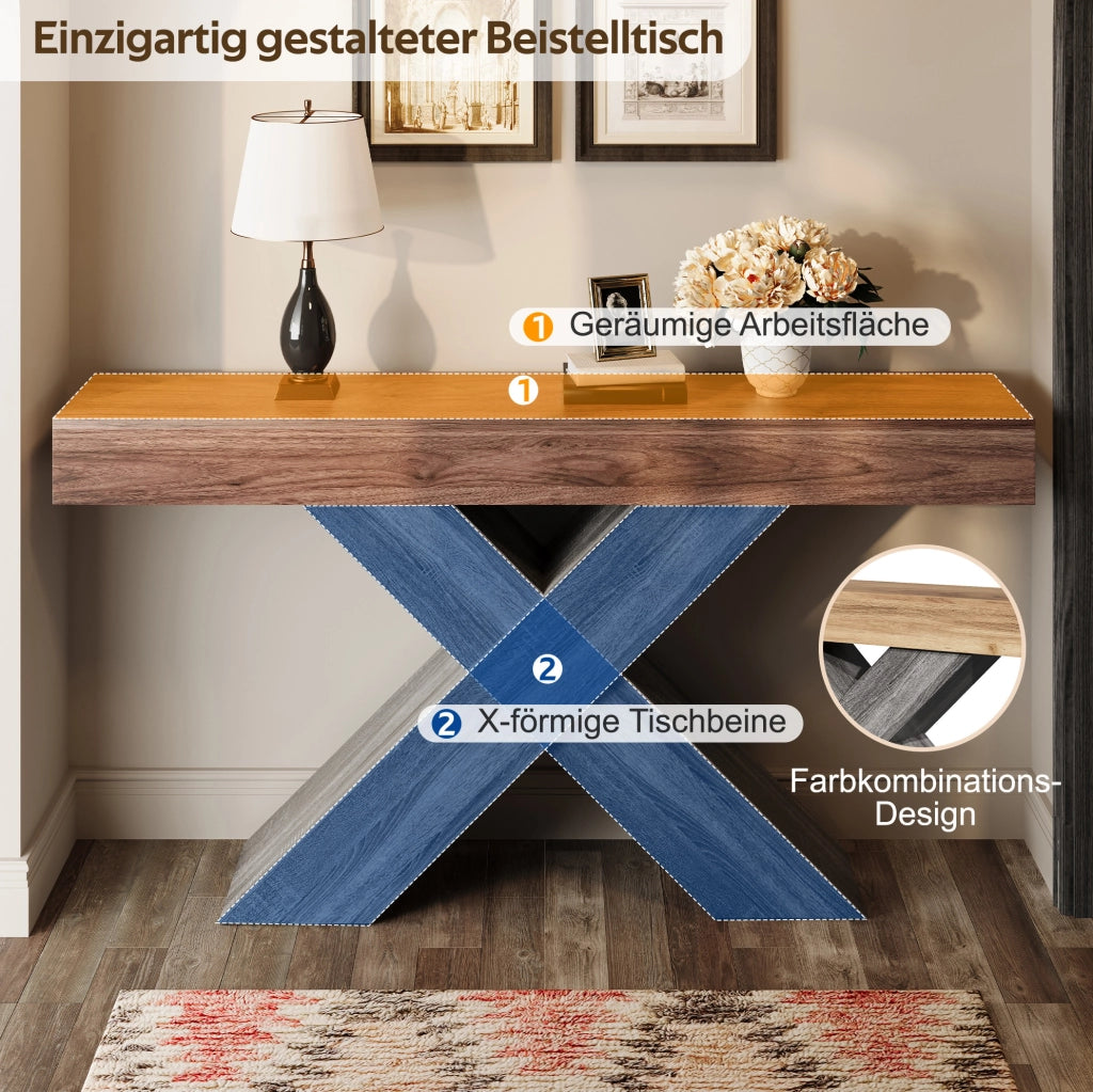 Tavolo consolle stretto noce con supporto a X, 140x30x80 cm