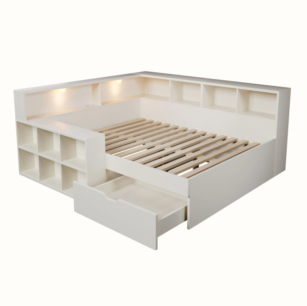Letto 140x200 cm con vani contenitore, lampade e prese USB, in truciolare, MDF e compensato bianco