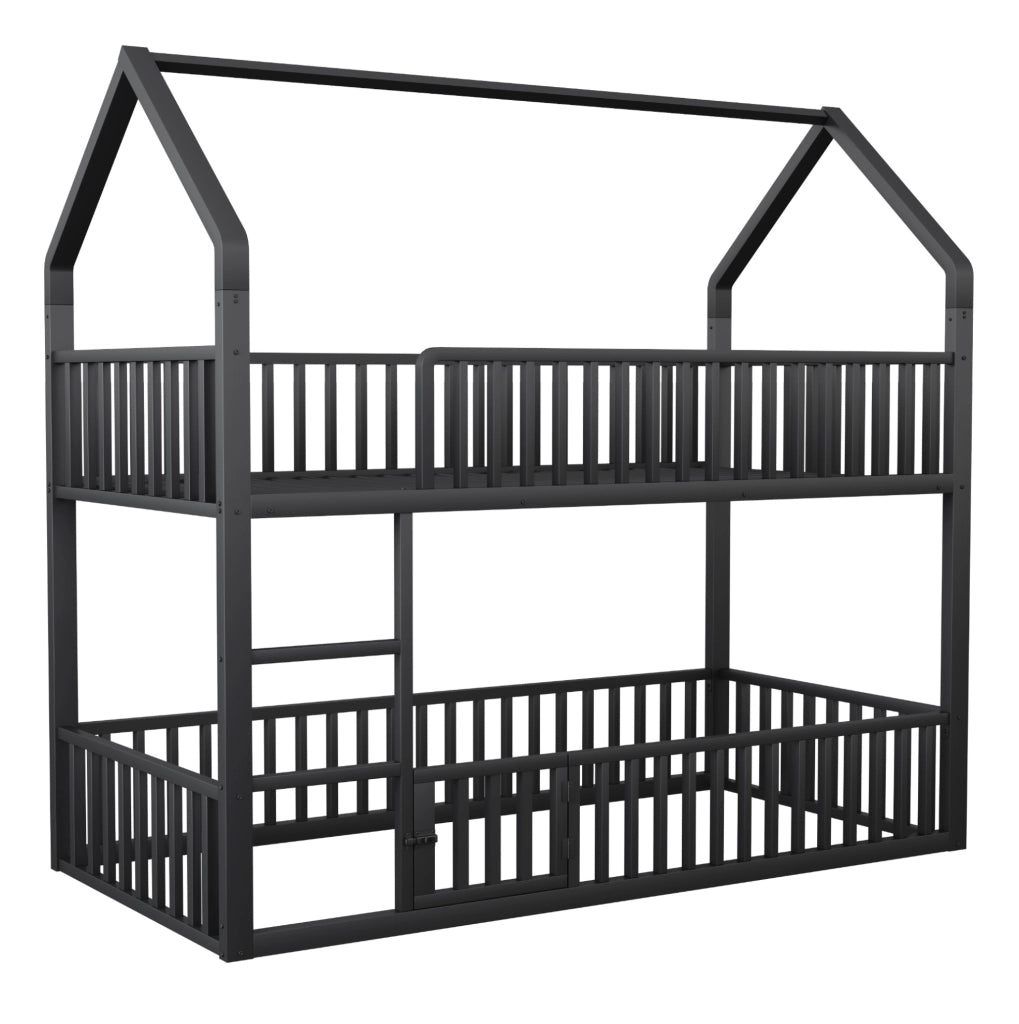 Letto a castello in metallo 90x200 cm con scala frontale e porta apribile; nero