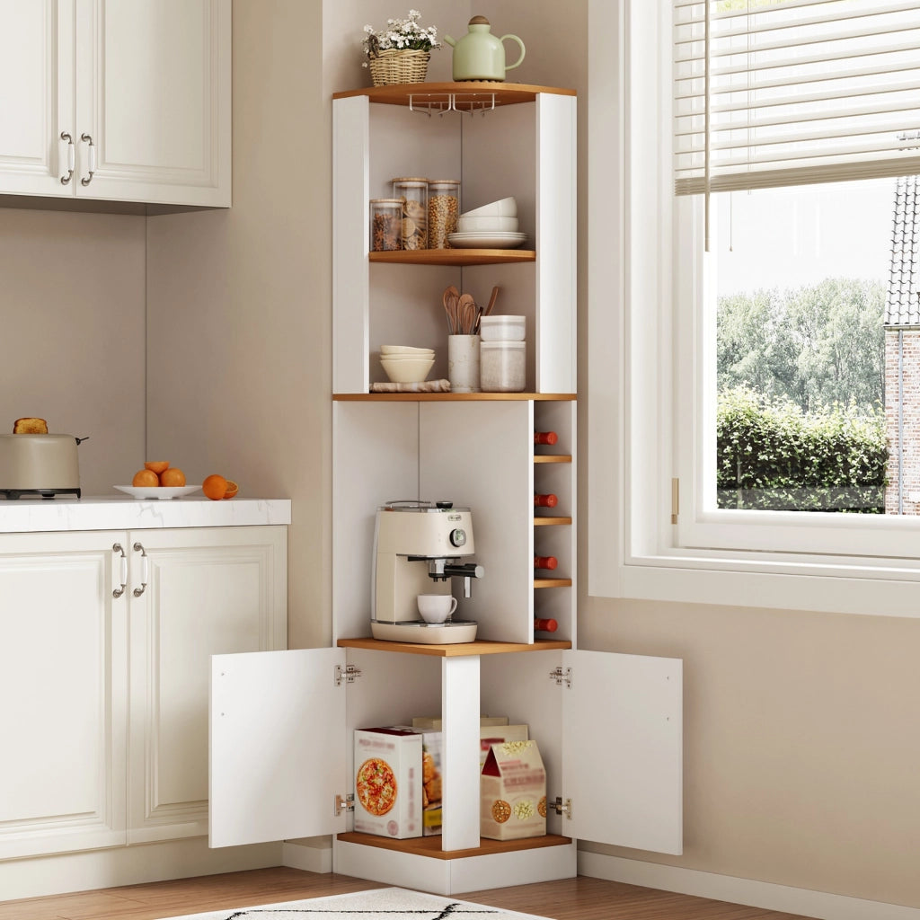 Mobile bar angolare salvaspazio con portabicchieri 40x40x182 cm bianco