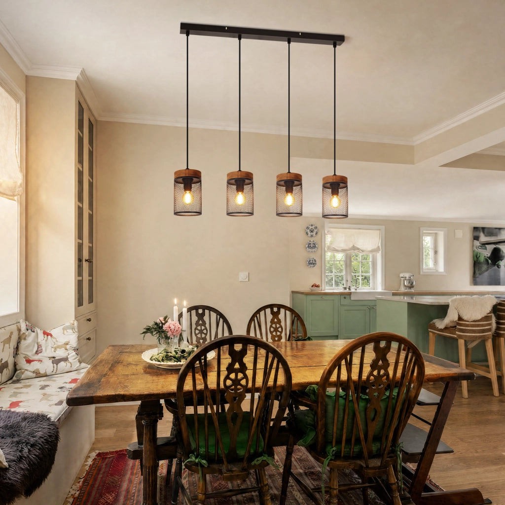 ZMH Lampada a Sospensione Vintage Legno Nero 4 Luci Retro E14 Metall per Soggiorno Sala da Pranzo Cucina Senza Lampadina