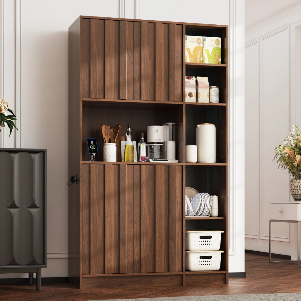 Credenza alta multifunzione con LED RGB, prese integrate e struttura in MDF finitura walnut, 105 x 40 x 180 cm
