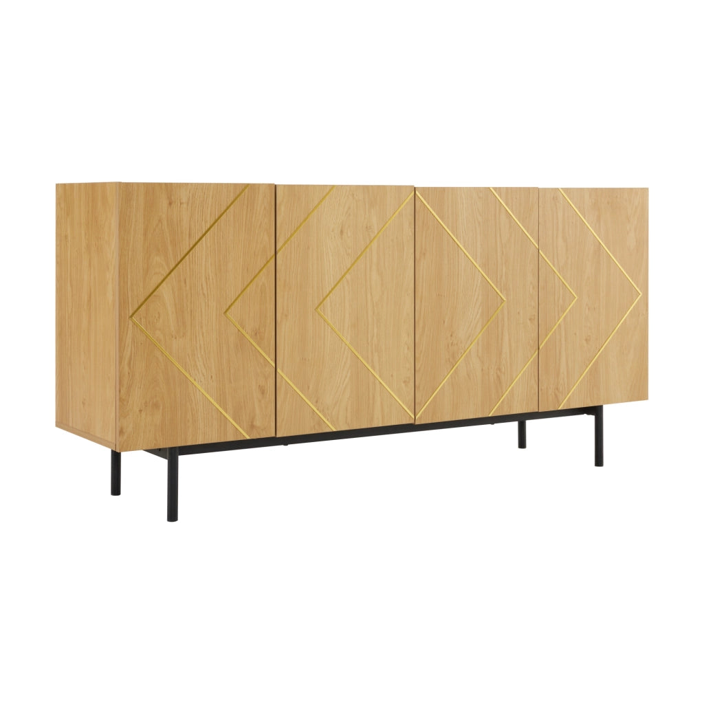 Credenza da soggiorno con 4 ante e inserti metallici, finitura naturale, 160 x 40 x 78 cm