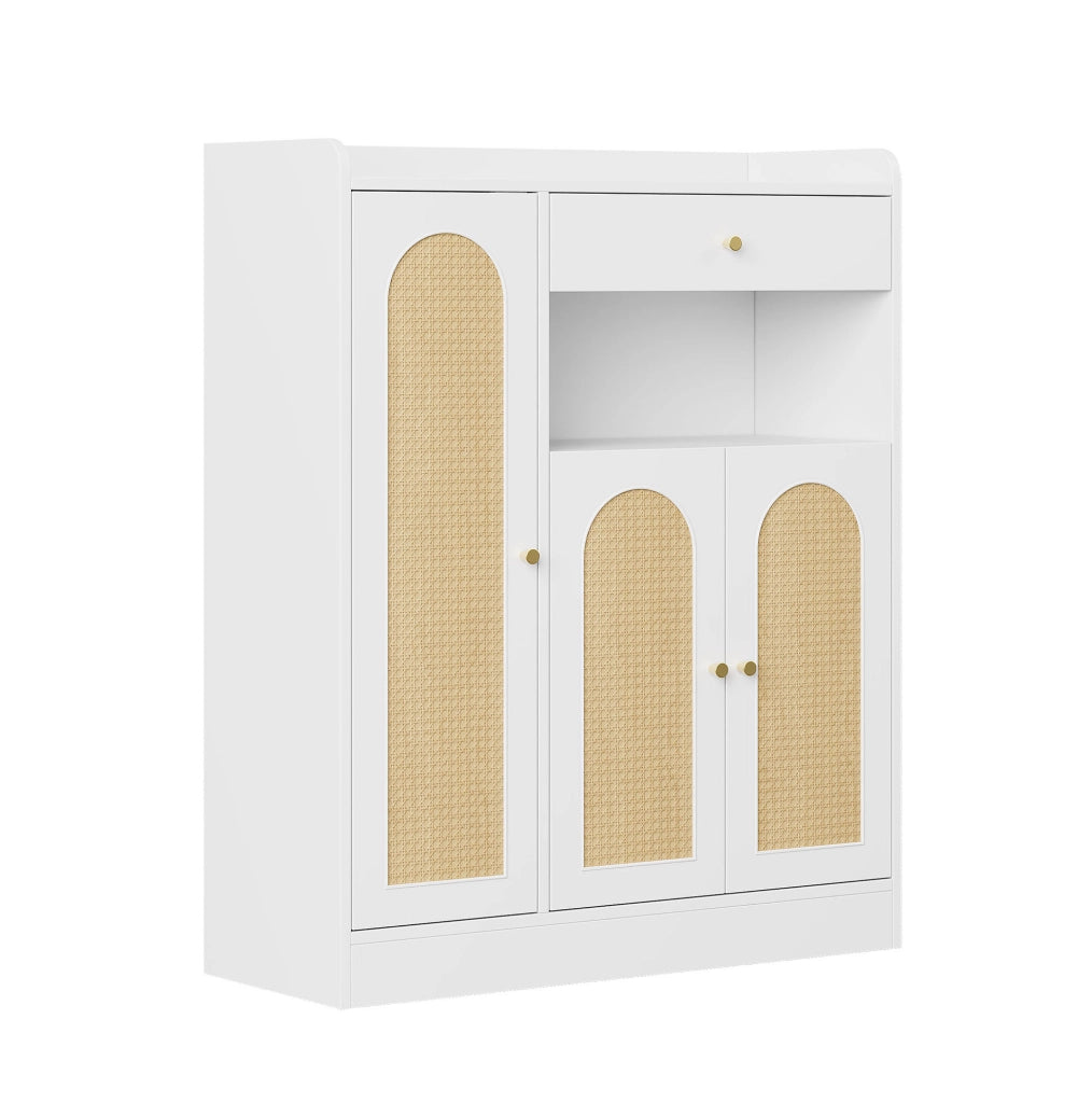 Mobile portascarpe in rattan con 3 ante e ripiani regolabili 90x35x110 cm; bianco e naturale