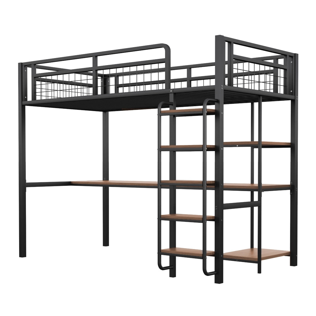 Letto a castello singolo nero in metallo con scala recinzione di sicurezza 90x200cm