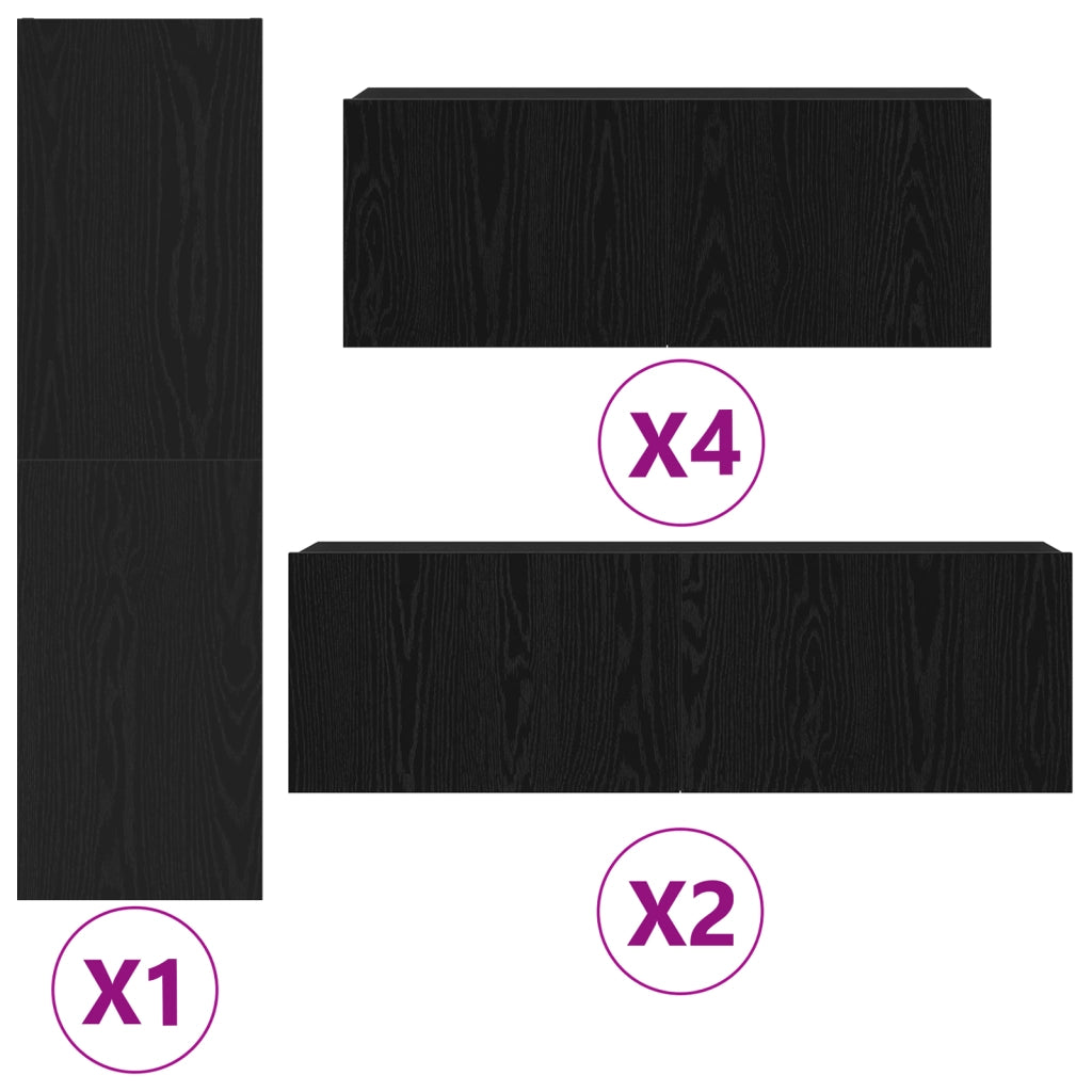 Set di mobili TV da 7 pezzi a muro in legno ingegnerizzato rovere nero