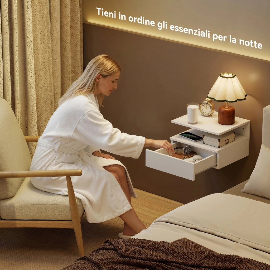 Set di 2 Comodini Sospesi Camera da Letto con Ricarica USB e Type-C, 40x35x30 cm, Bianco