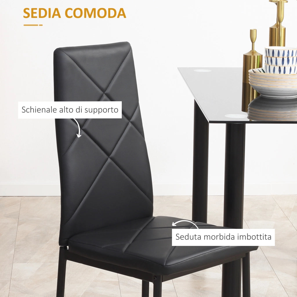 Set Tavolo da Pranzo con 4 Sedie, Piano in Vetro e Sedie Imbottite in Finta Pelle, Nero