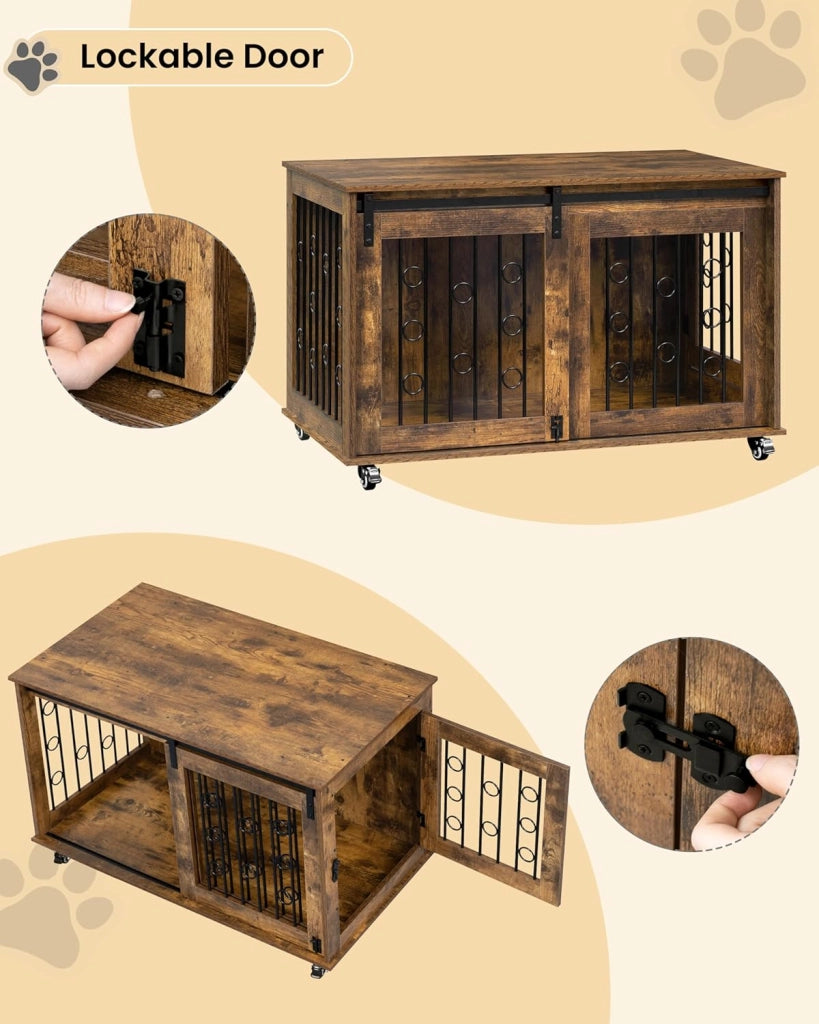 100cm Gabbia per Cani da Interno, Kennel Cane Medio Grande con 2 Porte e Ruote 360° Casetta Gabbia Movibile per Cani, Gabbie per Cane Arredamento in Legno Marrone Vintage 100x56x65cm
