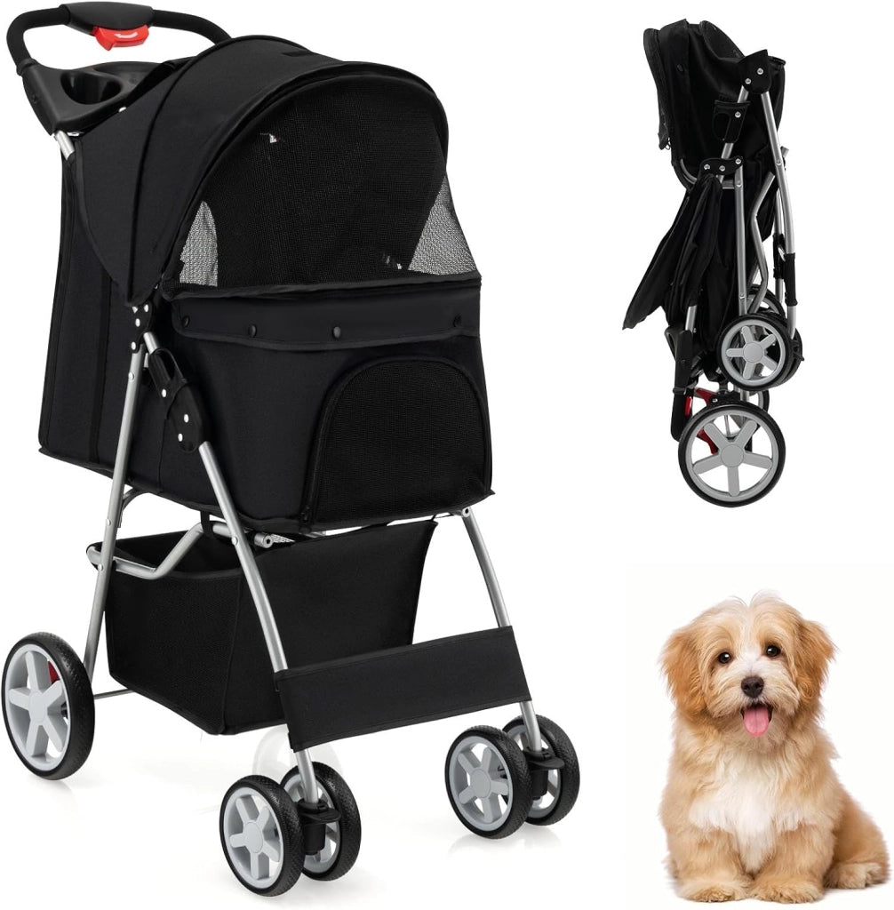 Passeggino per Cani e Gatti Pieghevole Fino 15 kg, Carrello per Animali Domestici, Trasportino Carrozzina Portatile da Viaggio e Passeggio con Tettuccio per Cuccioli, 87 x 46 x 102 cm (Rosso)