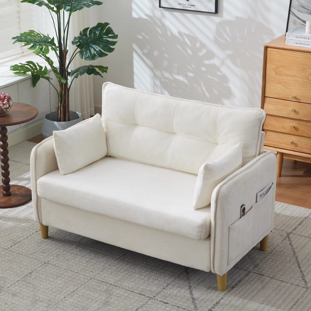 Divano Dritto 2 Posti con Tasche Laterali in Legno e Chenille Beige
