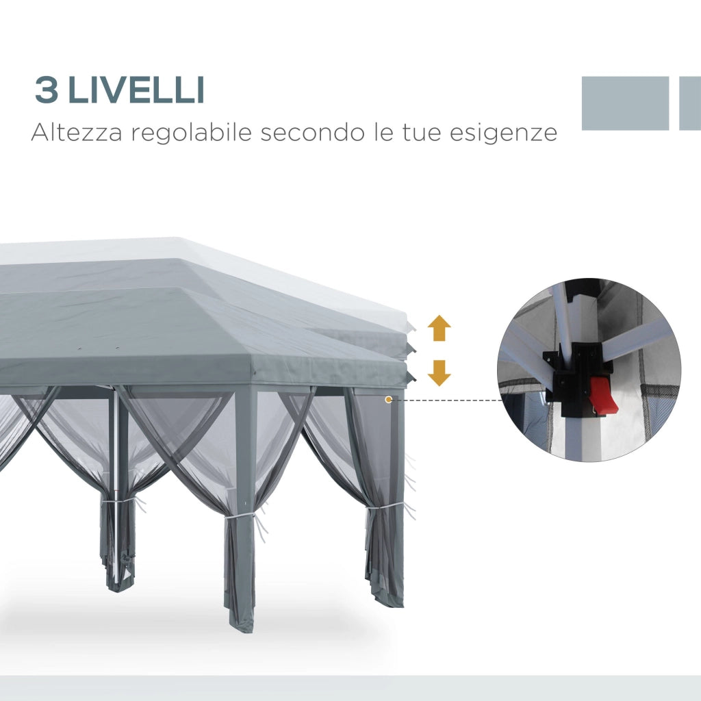 Gazebo da Giardino 600x300 cm Pieghevole con 6 Zanzariere e Pulsante in Acciaio e Poliestere Grigio