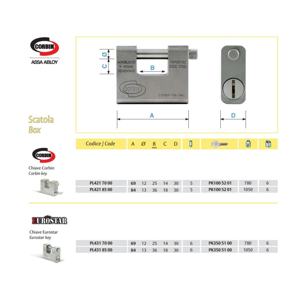 Trade Shop - Lucchetto Grizzly In Acciaio Cementato Antitrapano Con Chiave Dom Corbin -