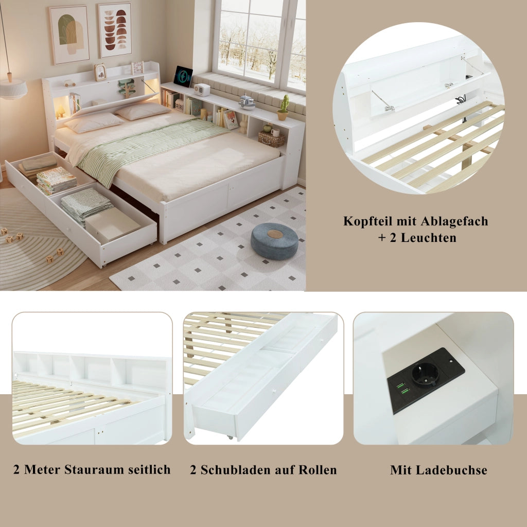 Letto Matrimoniale 140x200 cm con Testiera Contenitore; 2 Luci; Presa; Cassetti - Bianco