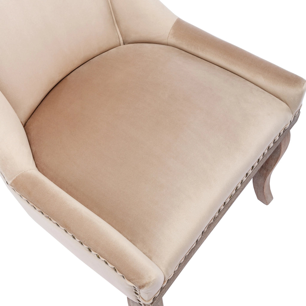 Sedia da pranzo imbottita in velluto beige con struttura in legno massello; 61x50x91 cm