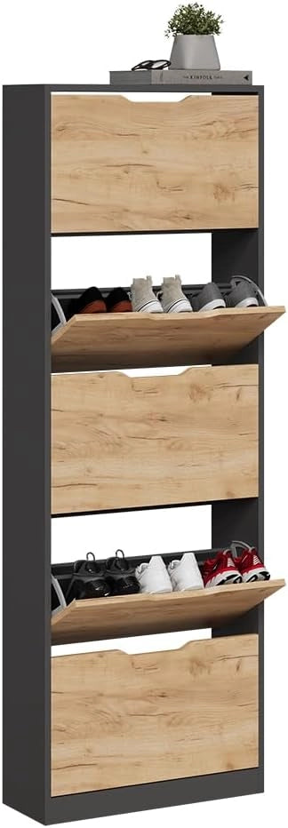 Scarpiera da ingresso Luca, Antracite/quercia dorata, 22 x 169 cm con 5 scomparti