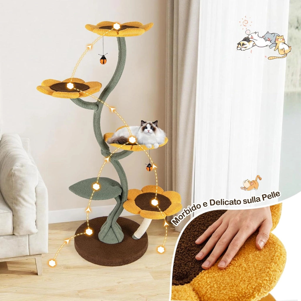 Albero per Gatti, Tiragraffi per Gatti a Forma di Girasole con 4 Piattaforme a Forma di Fiore, Pali Tiragraffi, Base Rotonda Ampia, Piattaforma Imbottita e Pallina Sospesa, Mobili Arrampicata