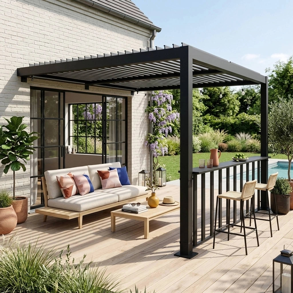 Pergola bioclimatica in alluminio addossata 3x3m + 1 bar 3m ,