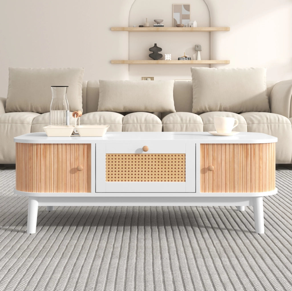 Tavolino da caffè 110x55 cm bianco e legno con contenitore