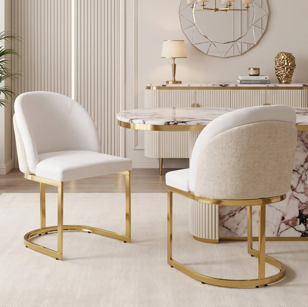 Set di 2 sedie da pranzo con doppio schienale 66;5 x 56;49 x 54;99 cm in chenille beige e oro