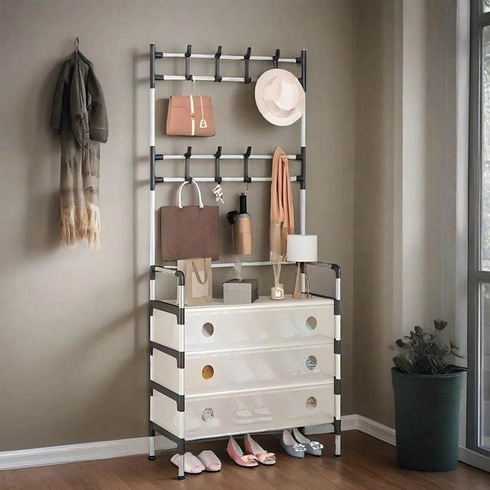 Trade Shop - Appendiabiti 8 Ganci Scarpiera 4 Ripiani Organizer Scarpe Armadio Multifunzione In Acciaio -