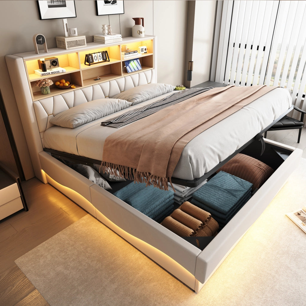 OKWISH Letto Contenitore 180×200 cm, Letto Matrimoniale con LED Controllabile, USB e Vano Contenitore, senza Materasso, in Metallo, Beige