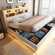 OKWISH Letto Contenitore 180×200 cm, Letto Matrimoniale con LED Controllabile, USB e Vano Contenitore, senza Materasso, in Metallo, Beige