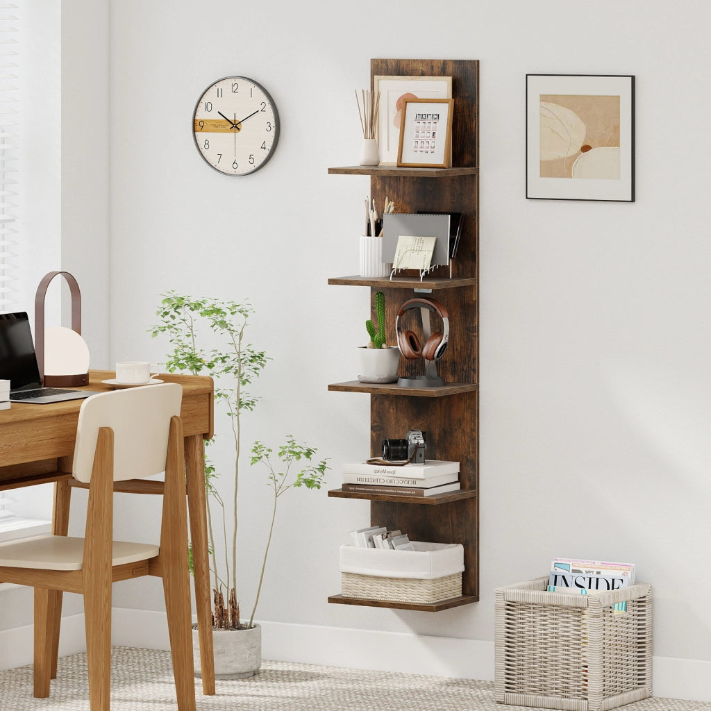 Mensole da parete a 5 ripiani in legno verticali sospese, Organizer per camera soggiorno bagno decorazione casa Marrone