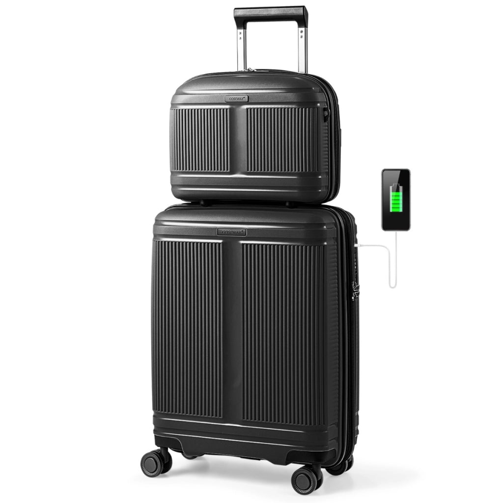 Set di bagagli da 2 pezzi con valigia da 20"e casetta da trucco da 14"-Bagaglio in materiale PP rigido leggero con porta USB Nero