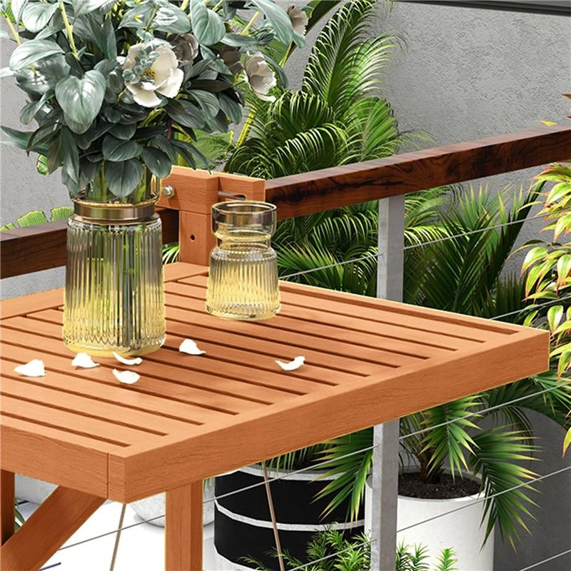 TAVOLINO DA RINGHIERA PER BALCONE PIEGHEVOLE E REGOLABILE IN LEGNO, COLORE TEAK